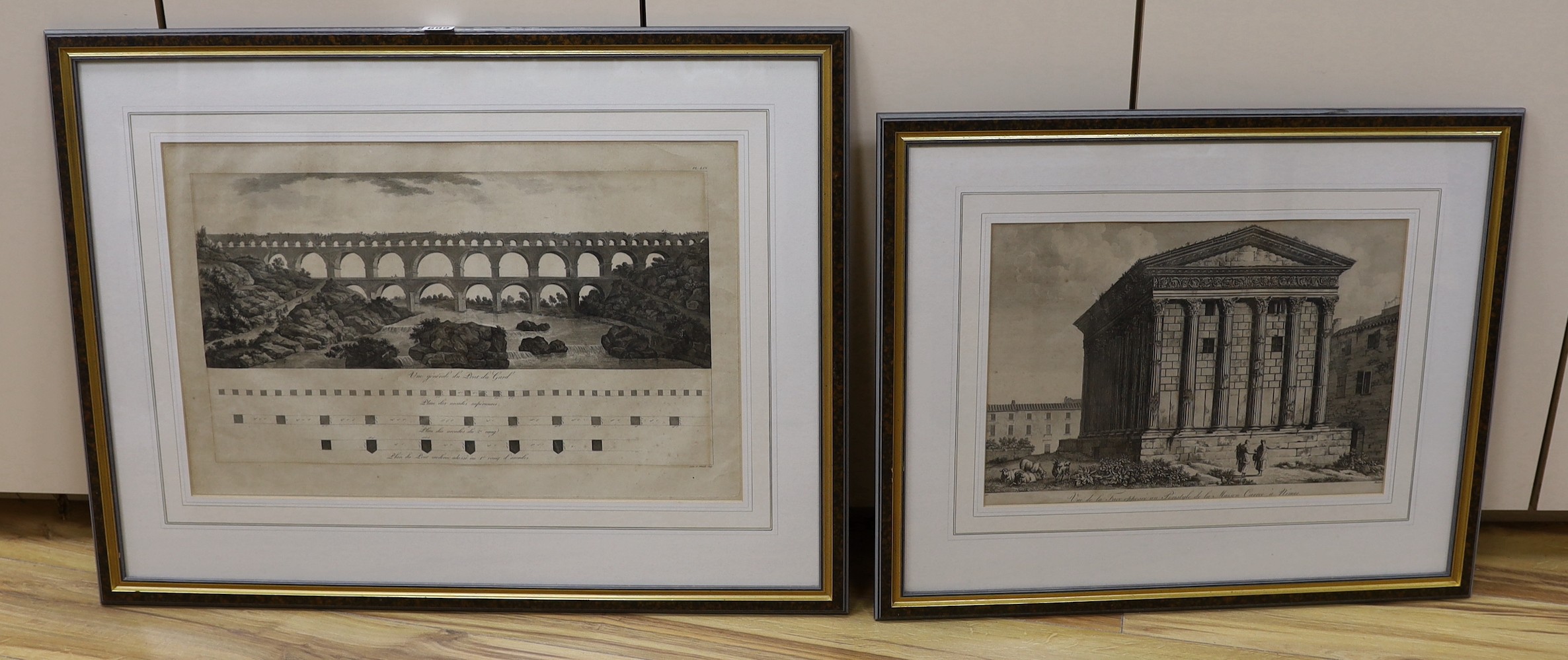 An 18th century French engraving, 'Maison Carrée à Nimes', 30.5 x 44cm and a 19th century French engraving of The Pont du Gard, 38 x 60cm